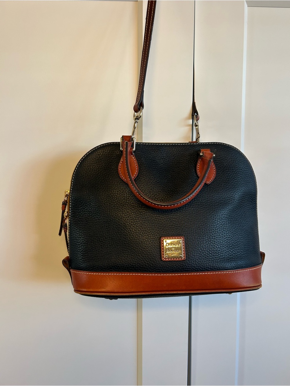 Dooney & Bourke Black Pebbled Leather Satchel Brown Leather Trim